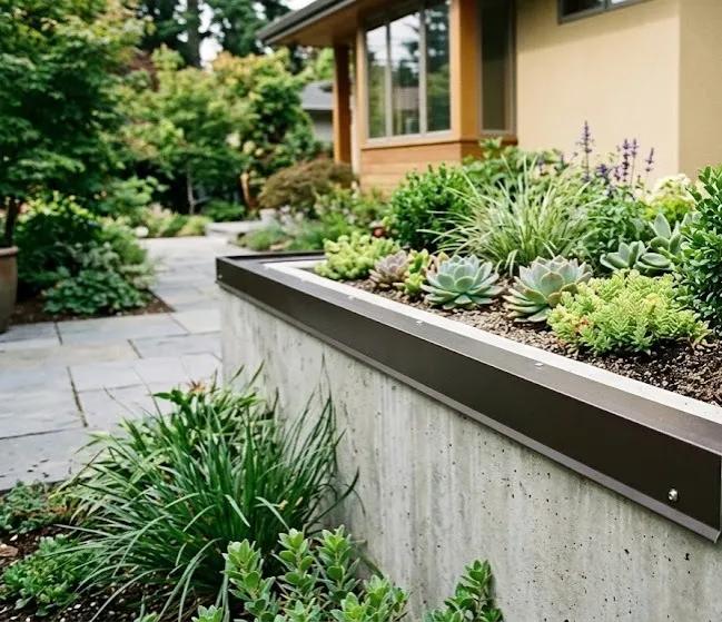 Cómo instalar goterones: Fotografía de una jardinera color gris con goterón de lámina color café y diferentes plantas.