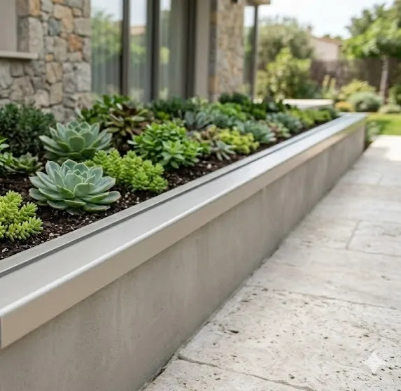 Fotografía de una jardinera rectangular con plantas pequeñas color verde que en los bordes tiene goterón de aluminio.