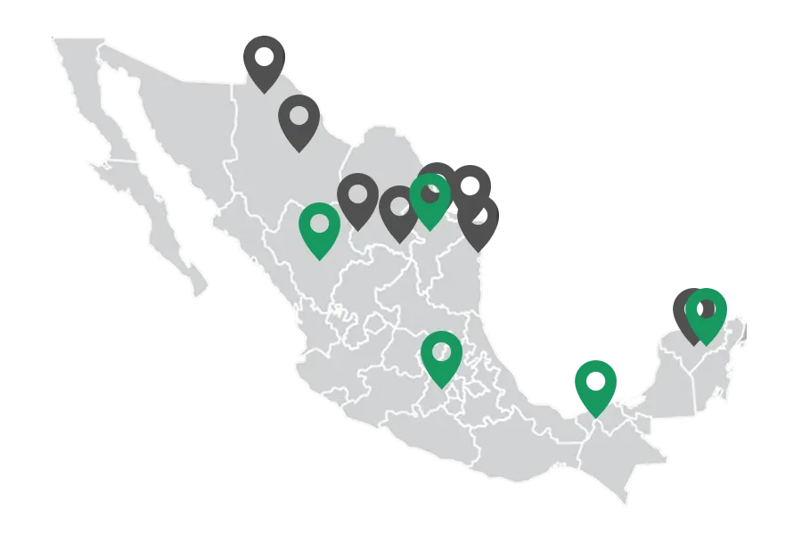 Venta de goterones en Monterrey: Imagen del mapa de México con diferentes figuras de ubicación color gris y color verde.