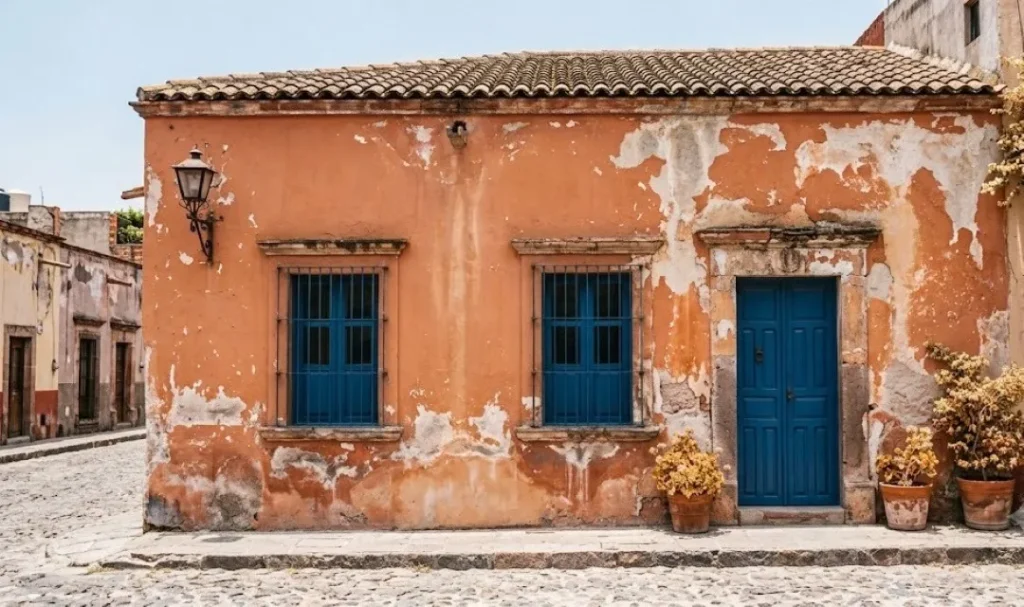 Cómo proteger la pintura exterior: Fotografía de una casa con paredes con pintura color naranja desgastada.