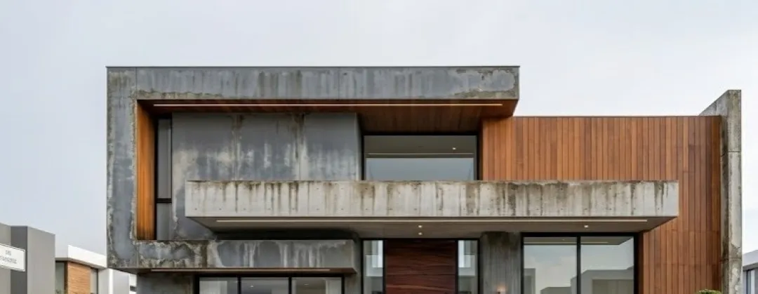 Cómo proteger la pintura exterior: Fotografía de la fachada de una casa color café y gris con manchas oscuras.