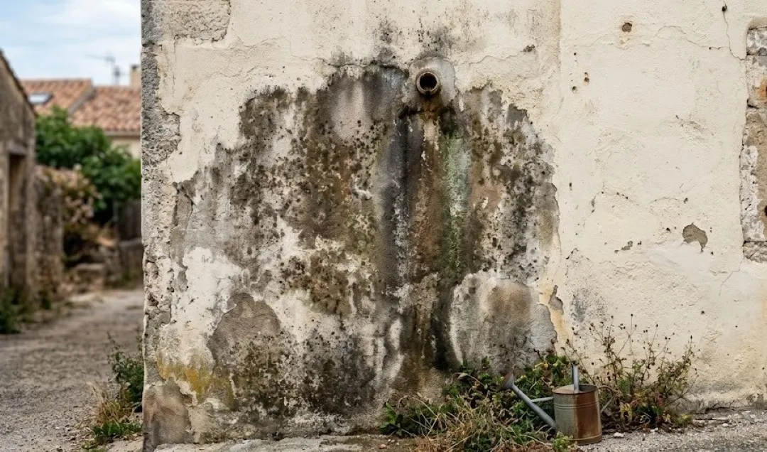 Cómo quitar manchas de humedad en la pared: Fotografía una casa con paredes color blanco con manchas color gris y verde.