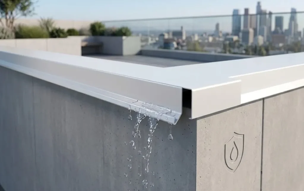 Fotografía del techo de una construcción color gris que tiene colocados goterón para techo color blanco.