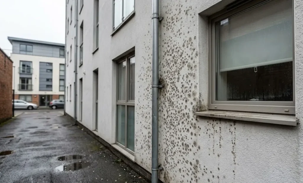 Cómo quitar manchas de humedad en la pared: Fotografía de lado de una construcción con paredes gris claro y manchas pequeñas.