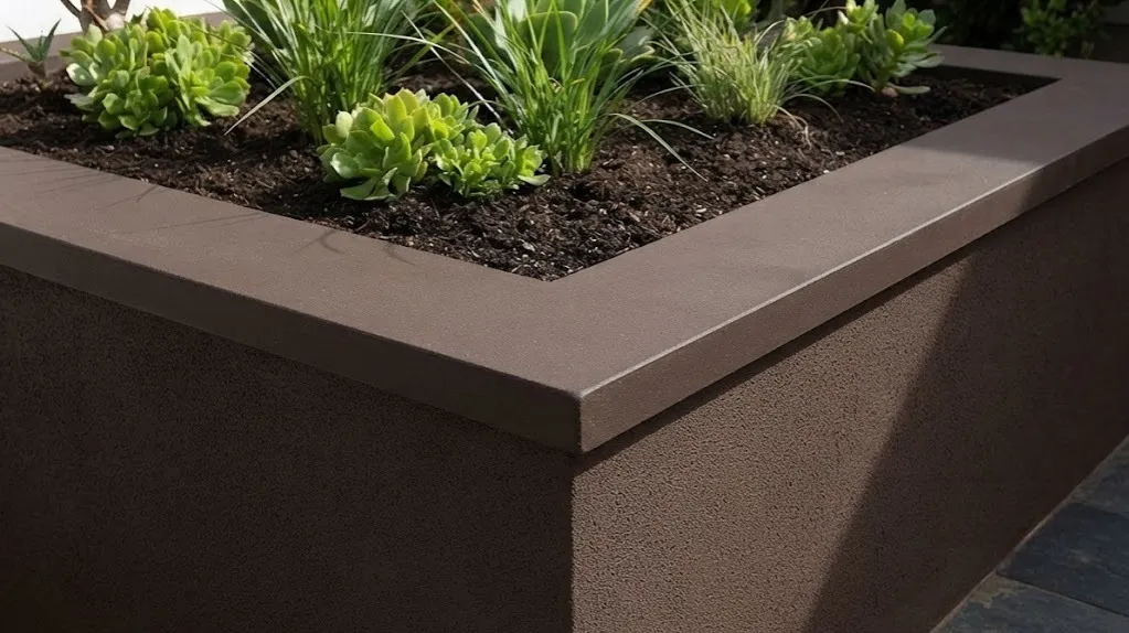 Dónde instalar goterones: Fotografía de una jardinera rectangular color chocolate con goterón instalado.
