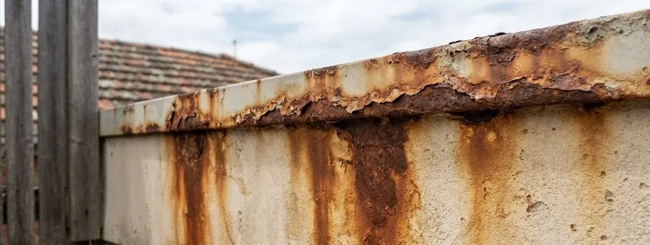 Fotografía de oxidación goterones en los bordes de una construcción con manchas color café, rojo y amarilo.