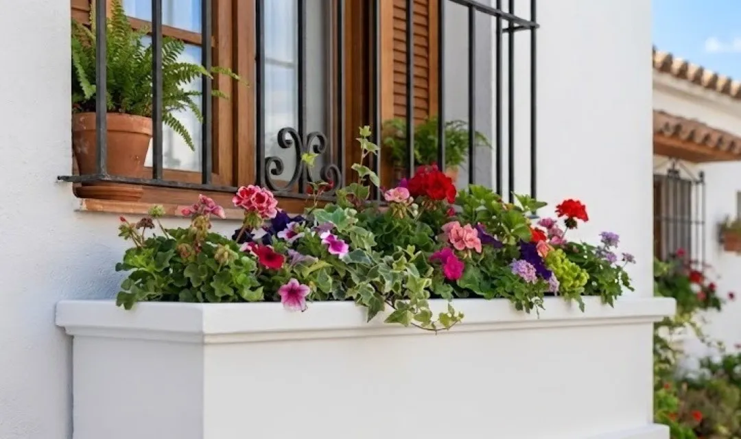Detalles constructivos: Fotografía de una jardinera rectangular color blanco con goterones del mismo color.