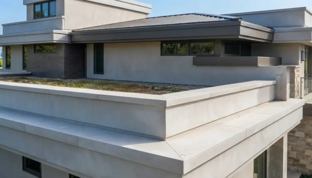 Detalles constructivos: Fotografía de los pretiles de una casa con paredes color gris con techo color café.