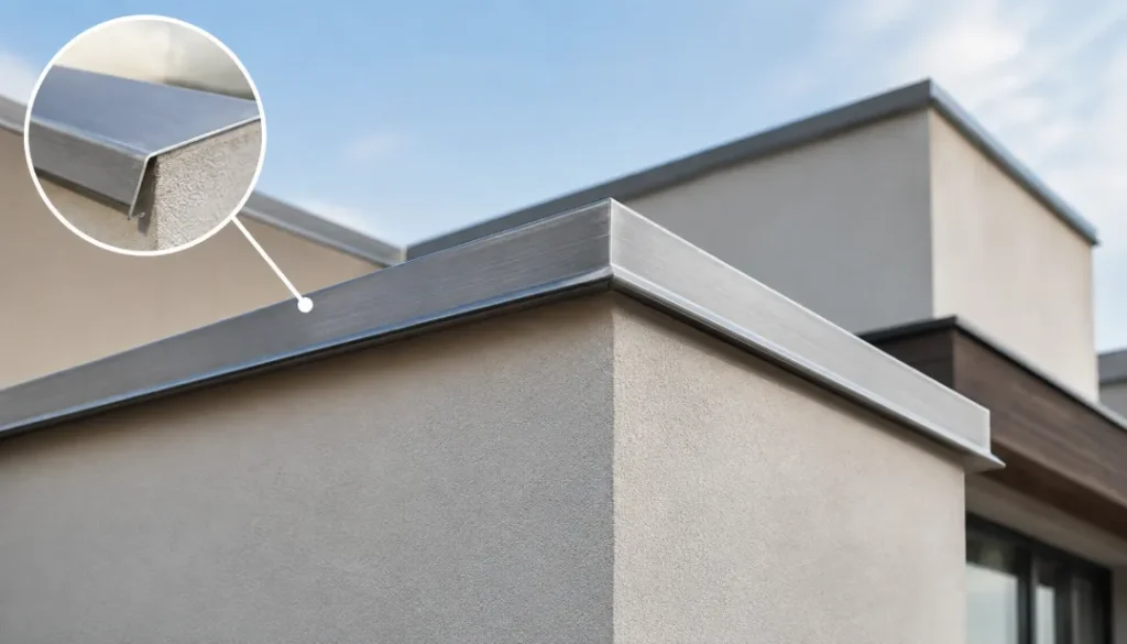 Ventajas goterón metálico: Fotografía de las paredes exteriores de una construcción color blanco con goterones metálicos.
